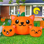 Comin Halloween Inflatable 5Ft Long Three Pumpkin Cat Head Combo With Built-In Leds, Blow Up Yard Decoration For Holiday Party I