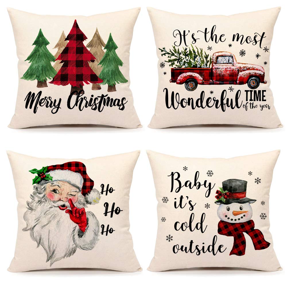 Christmas Pillow Covers 20X20 Set Of 4 Farmhouse Christmas Decor Red Black Buffalo Plaids Winter Holiday Decorations Throw Cushi