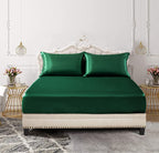 Siinvdabzx 3-Piece Set Satin Full Fitted Sheet & 2 Pillowcase, Emerald Green Silky Soft Fitted Bottom Sheet, Wrinkle Free, Fade