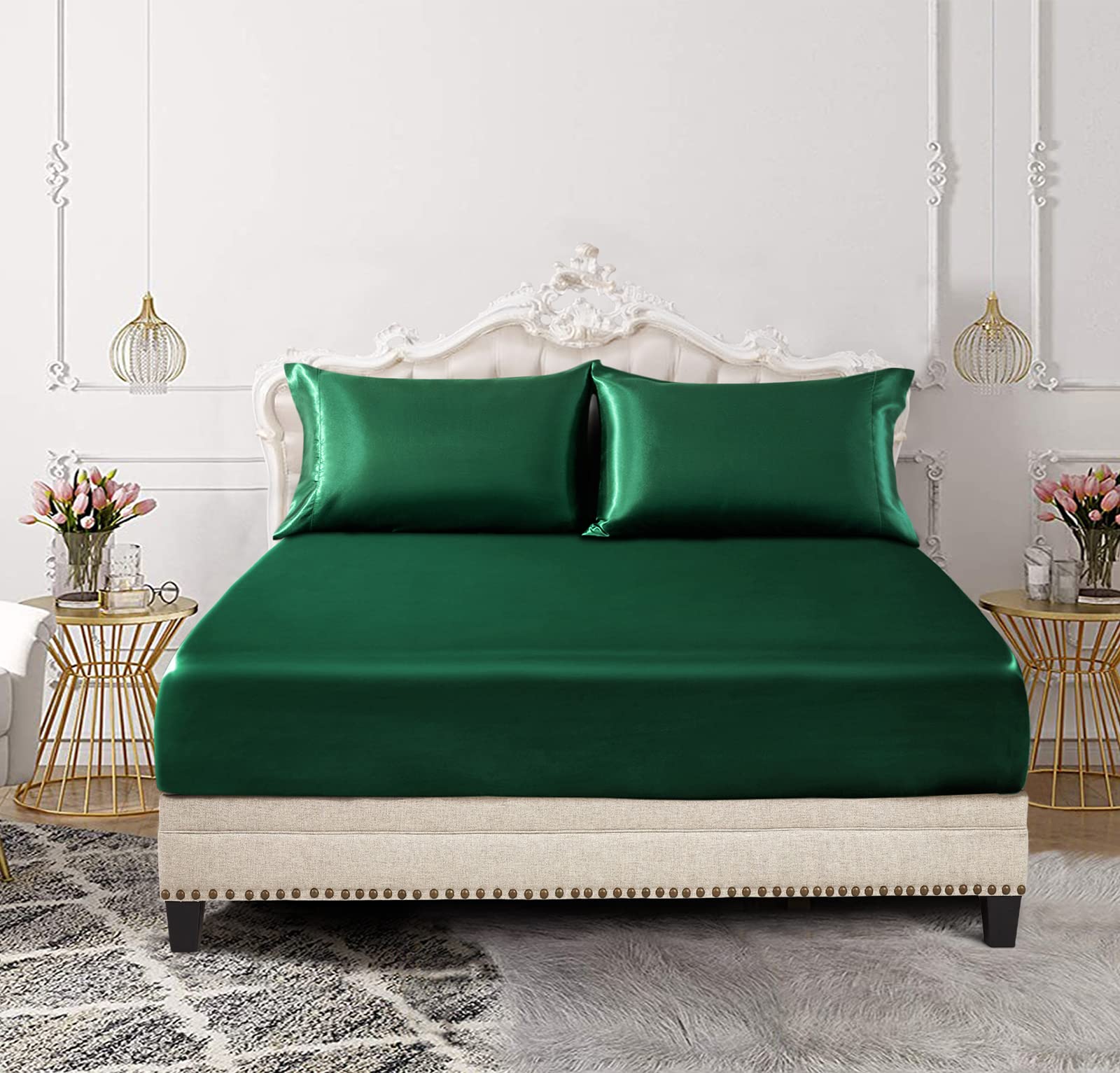 Siinvdabzx 3-Piece Set Satin Full Fitted Sheet & 2 Pillowcase, Emerald Green Silky Soft Fitted Bottom Sheet, Wrinkle Free, Fade