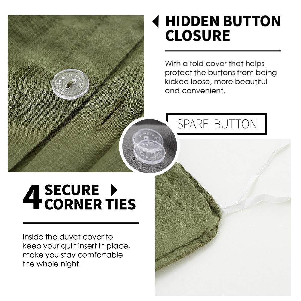 Simple&Opulence 100% Linen Duvet Cover Set 3Pcs Basic Style Natural French Washed Flax Solid Color Soft Breathable Farmhouse Bedding With Button Closure - Olive Green, Full