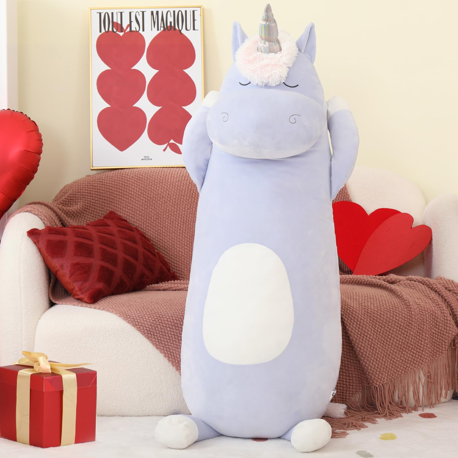 MorisMos Big Unicorn Body Pillow 4 Feet, 51 in Long Plush Unicorn Pillow for Girl Boy, Blue Plush Unicorn Pillow for Girl Boy,Cu