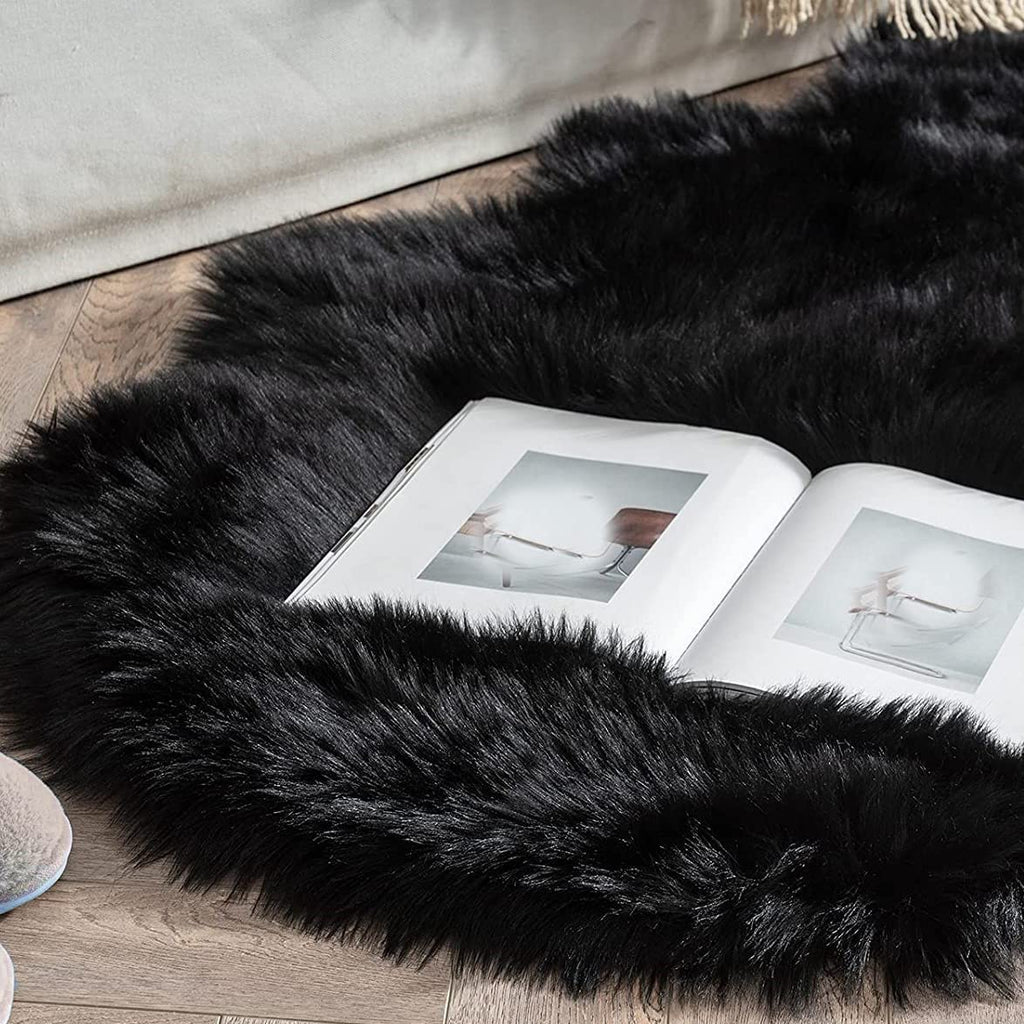 Orinova Black Shag Faux Fur 4X6 Area Rugs For Bedroom Washable Fuzzy Sheepskin Fur Rug For Living Room Nursery Rug