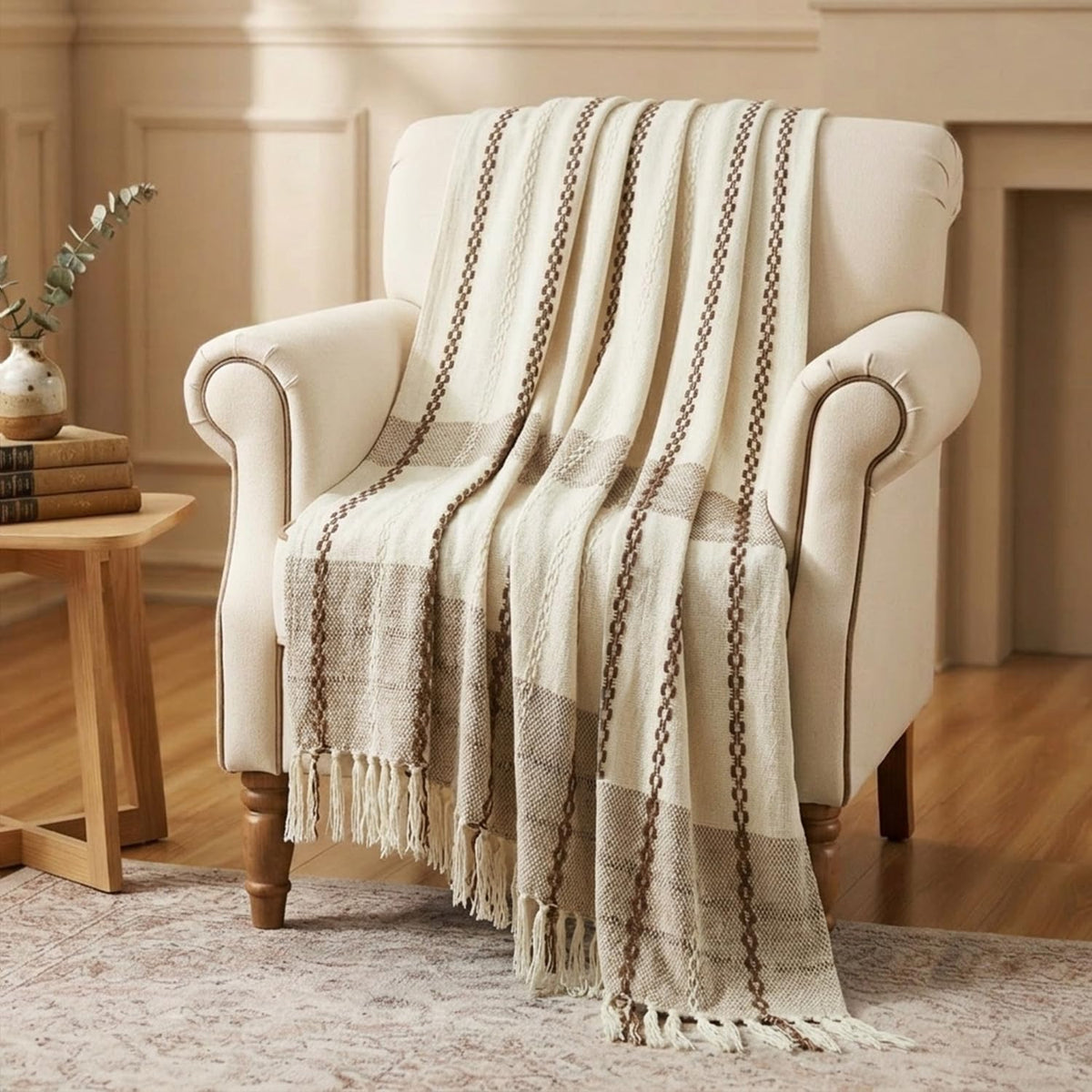 Amazon Basics Cotton Sofa Throw Blanket 50x60 inches | Waffle Knit & Chevron Pattern with Fringes | Throw for Living Room, Sofa,