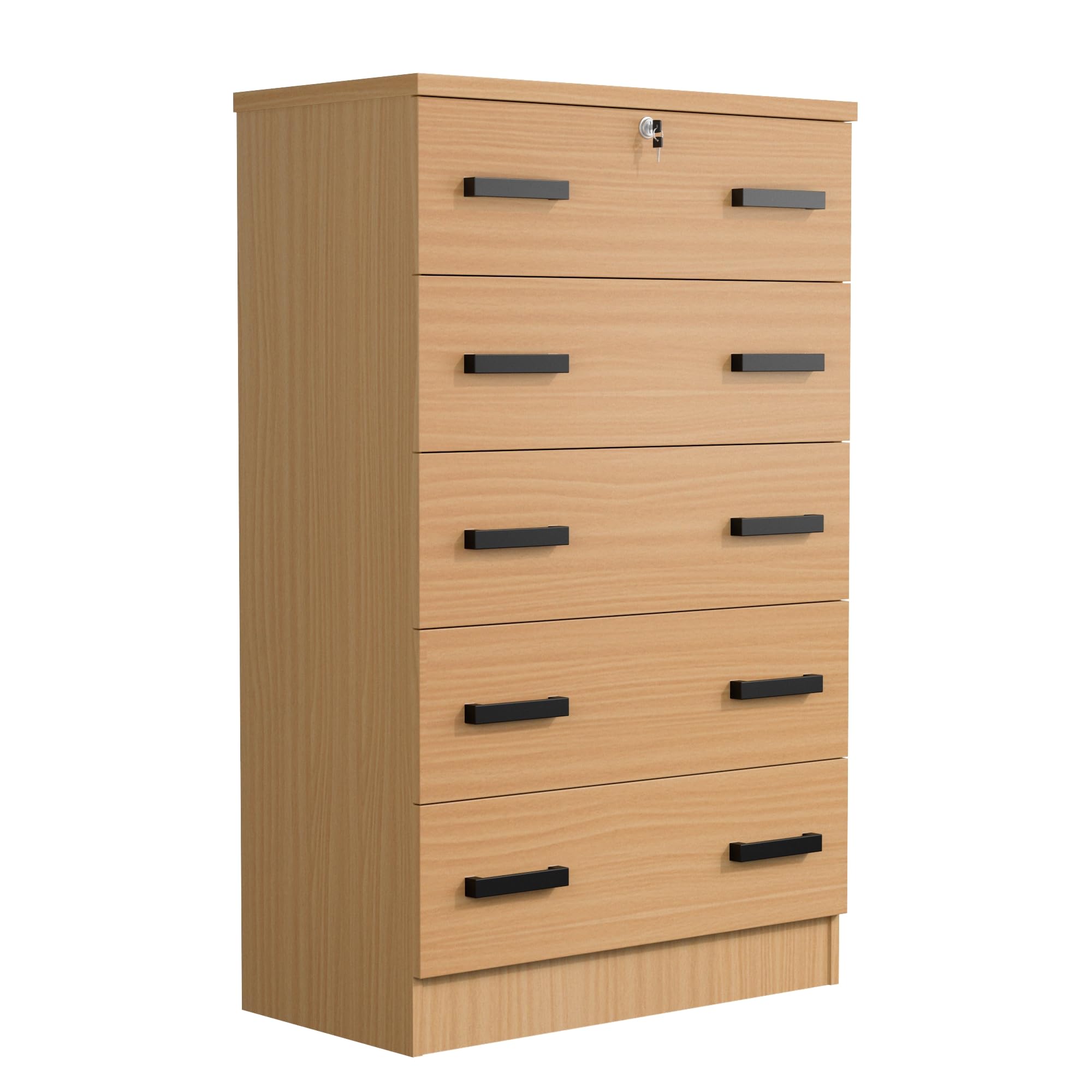 Cindy 5 Drawer Chest Wooden Dresser with Lock in Black (Black)