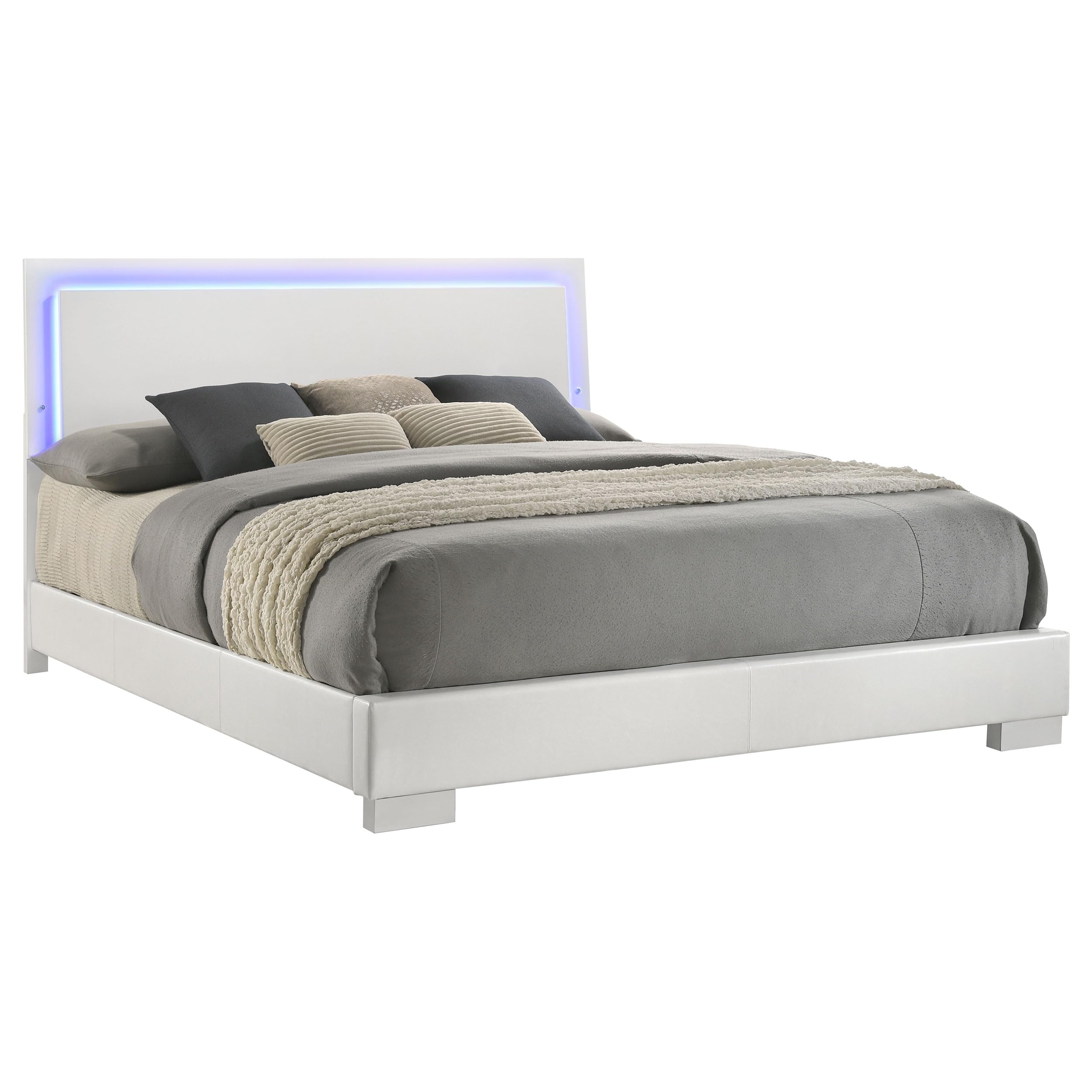 Coaster Home Furnishings Felicity Contemporary Leatherette Upholstered Eastern King Size LED Panel Bed Frame 49-inch Headboard White High Gloss 203500KE