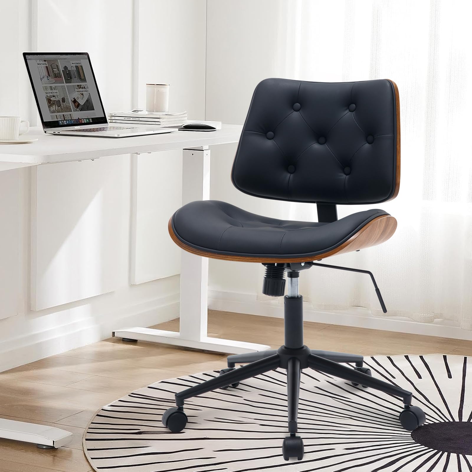 Bv Armless Desk Chair With Wheels, 360 Swivel Home Office Chair No Arms, Height Adjustable Task Chair For Small Space, Pu Leathe