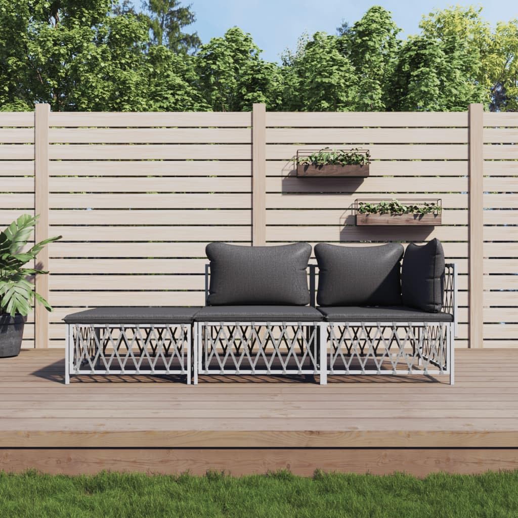 vidaXL 3 Piece Patio Lounge Set - Modern White Steel Frame with Comfortable Dark Gray Cushions, Flexible & Modular Design for Outdoor Relaxation and Entertainment