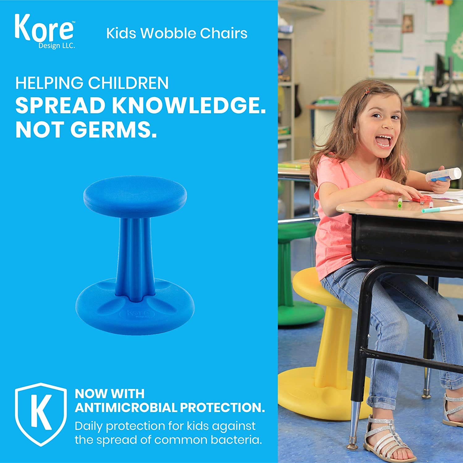 Kore Kids Junior Wobble Chair - Flexible Seating Stool For Classroom, Elementary School, Add/Adhd - Made In The Usa - Junior- Age 8-9, Grade 3-4, Blue (16In)