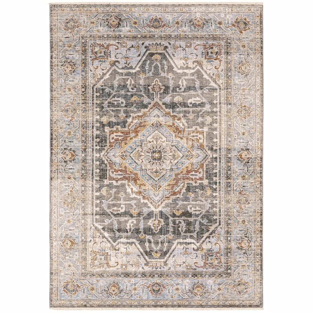 HomeRoots Polyester 8' Grey Blue Machine Woven Medallion Indoor Runner Rug