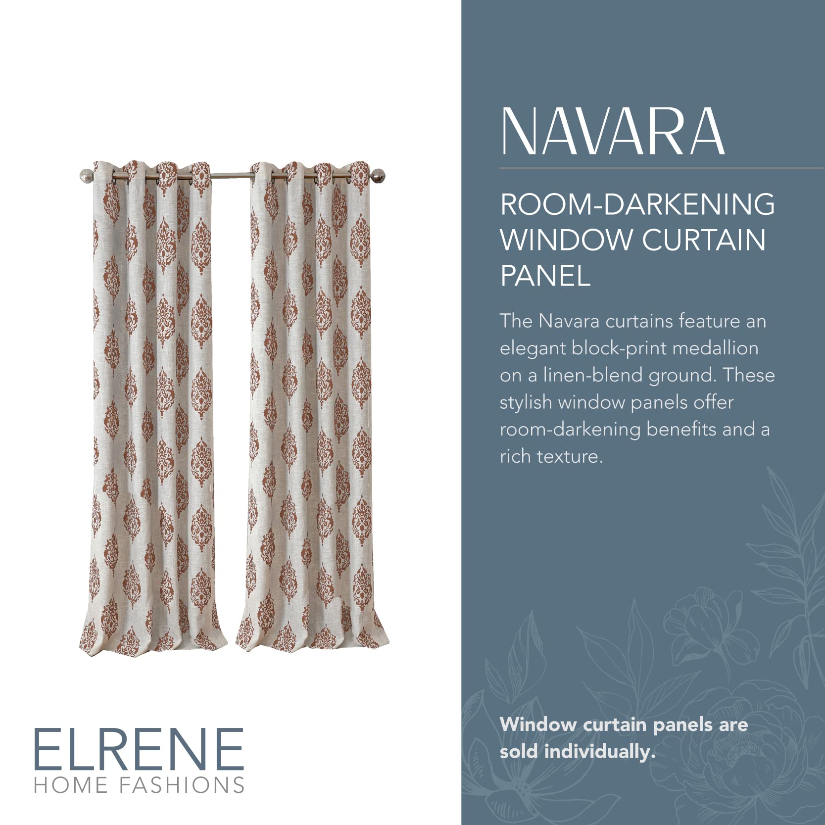 Elrene Home Fashions Navara Medallion Room-Darkening Window Curtain, Single Panel, 52'' X 95'' (1 Panel), Cinnamon Red