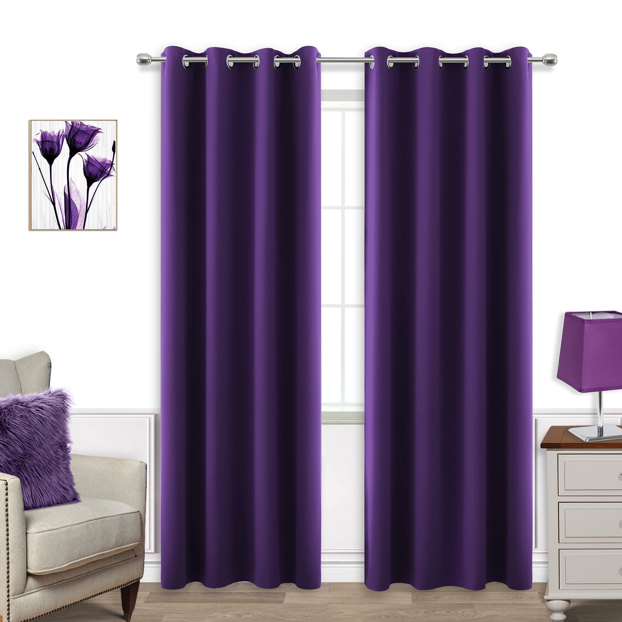 Dark Purple Curtains 84 Inch Length for Living Room 2 Panels Set Grommet Window Drapes Rich Royal Deep Purple Blackout Luxe Eleg