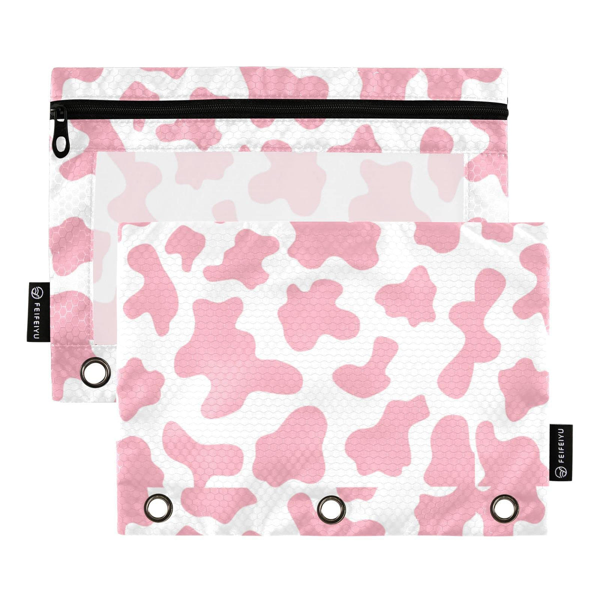 Gredecor Binder Pencil Pouch 3 Ring Abstract Pink Cow Zipper Pencil Pouches Case 2 Pack Clear Binder Organizer For School Office