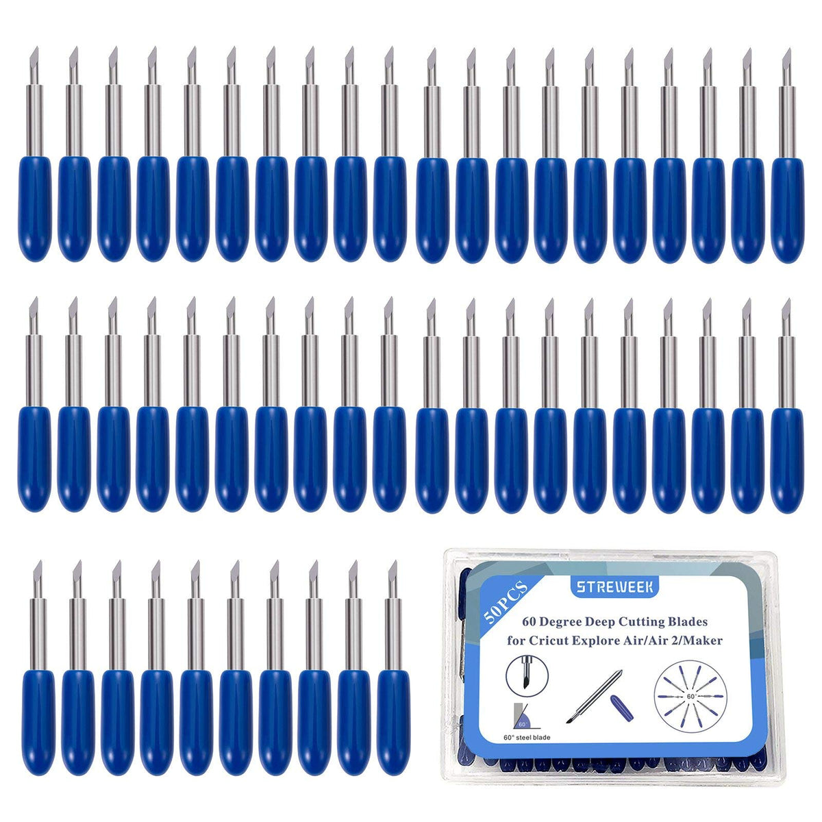 Streweek 50Pcs 60Adeep Cut Replacement Blades,The Fine Point Blades Compatible With Cricut Explore Air2Air3Maker, Perfect For Cu