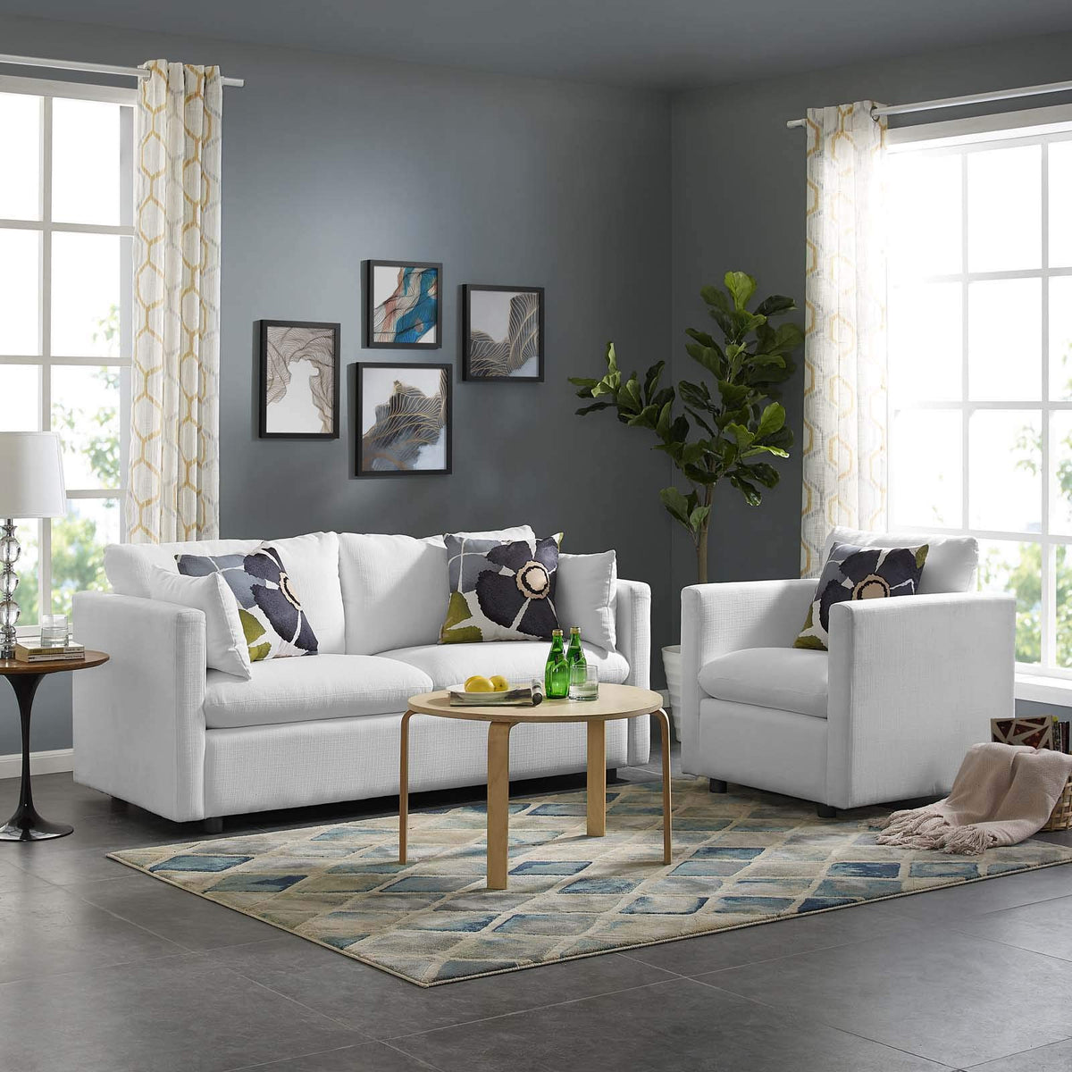 Modway Activate Upholstered Fabric Sofa And Armchair Set, White