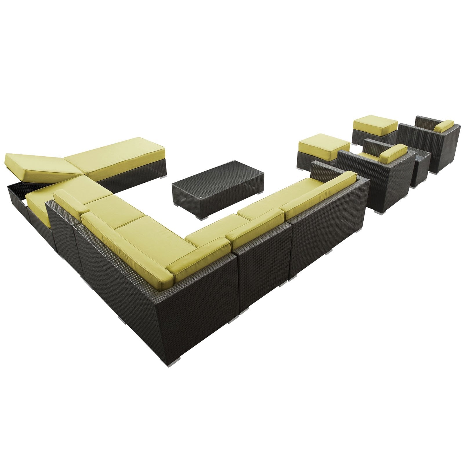 Modway Fusion 12-Piece Outdoor Rattan, Espresso With Peridot Cushions