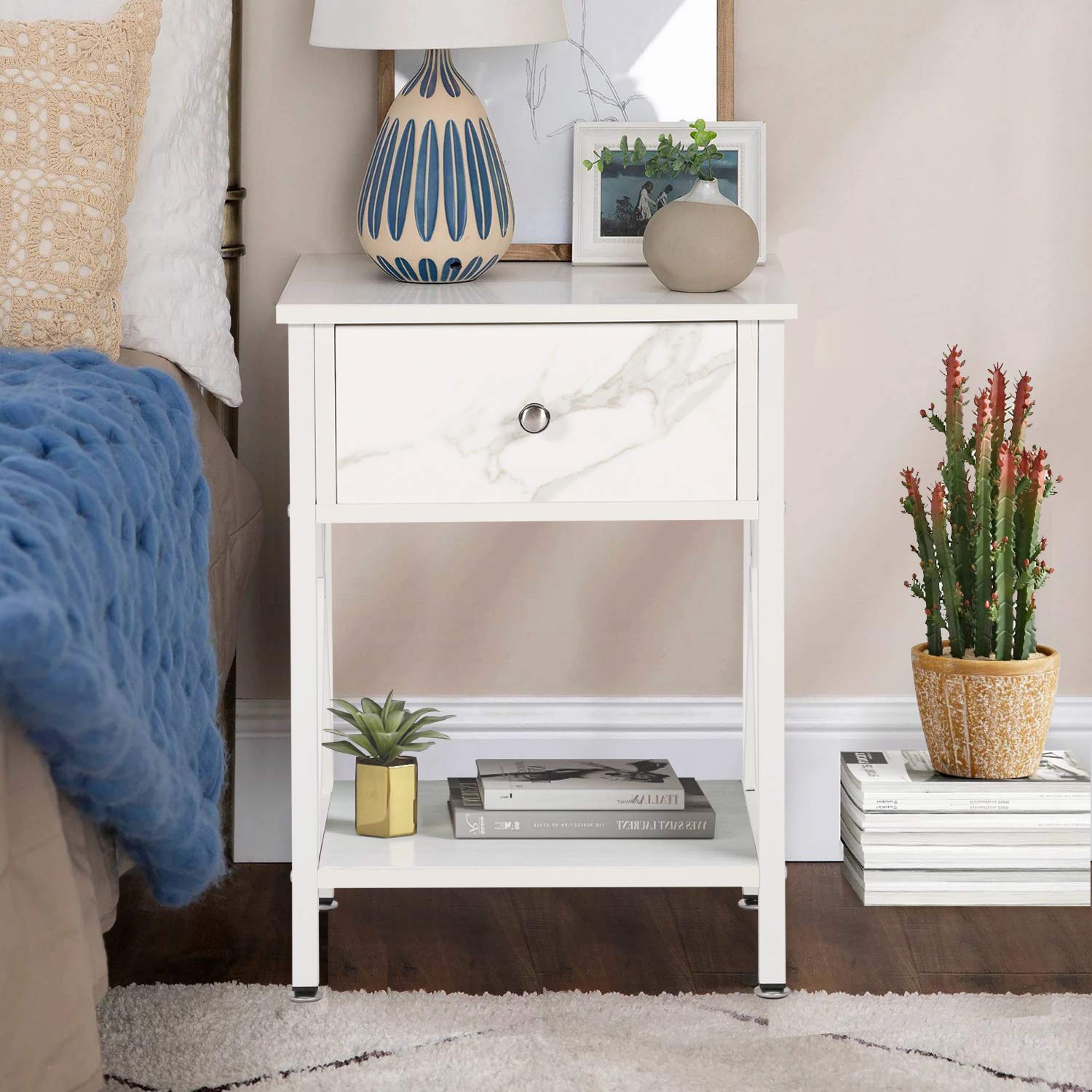 Vecelo Night Stands For Bedroom Rustic Nightstand Bedside End Tables With Drawer Storage, Pearl White