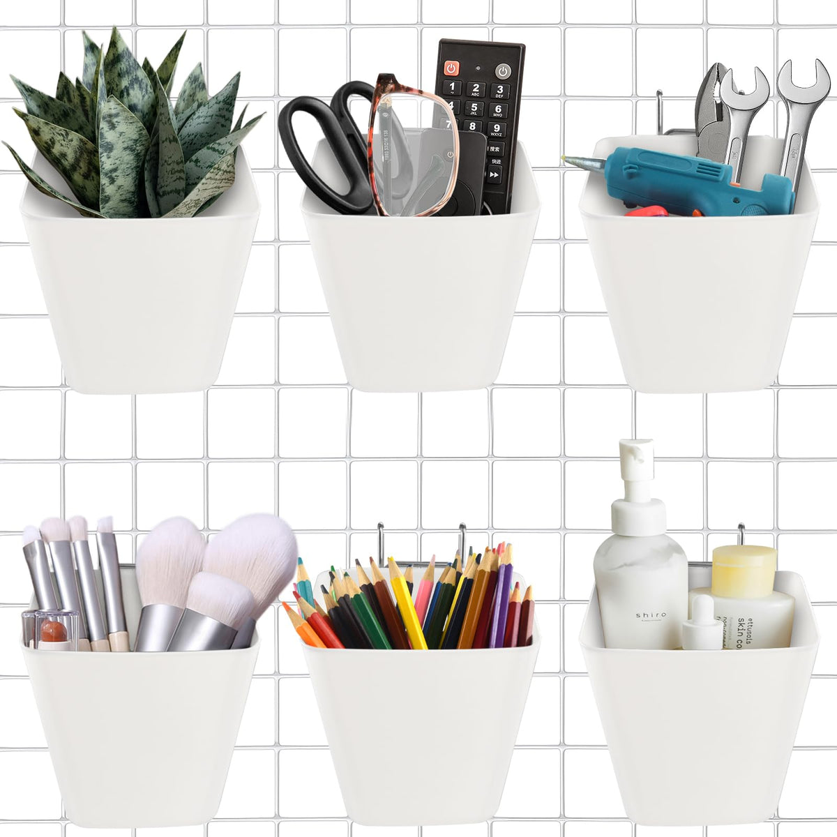 6Pack White Grid Wall Bins Hanging Cups with Back Hook, Gridwall Shelf Bins