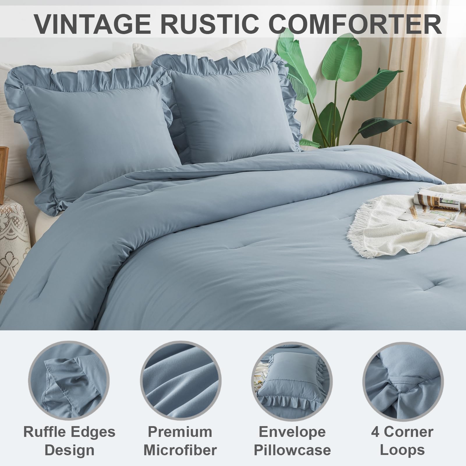Andency Grayish Blue King Comforter Set(104X90Inch), 3 Pieces Lightweight Winter Summer Warm Fluffy Bedding Comforter Set, All Season Microfiber Shabby Chic(1 Ruffle Comforter And 2 Pillowcases)