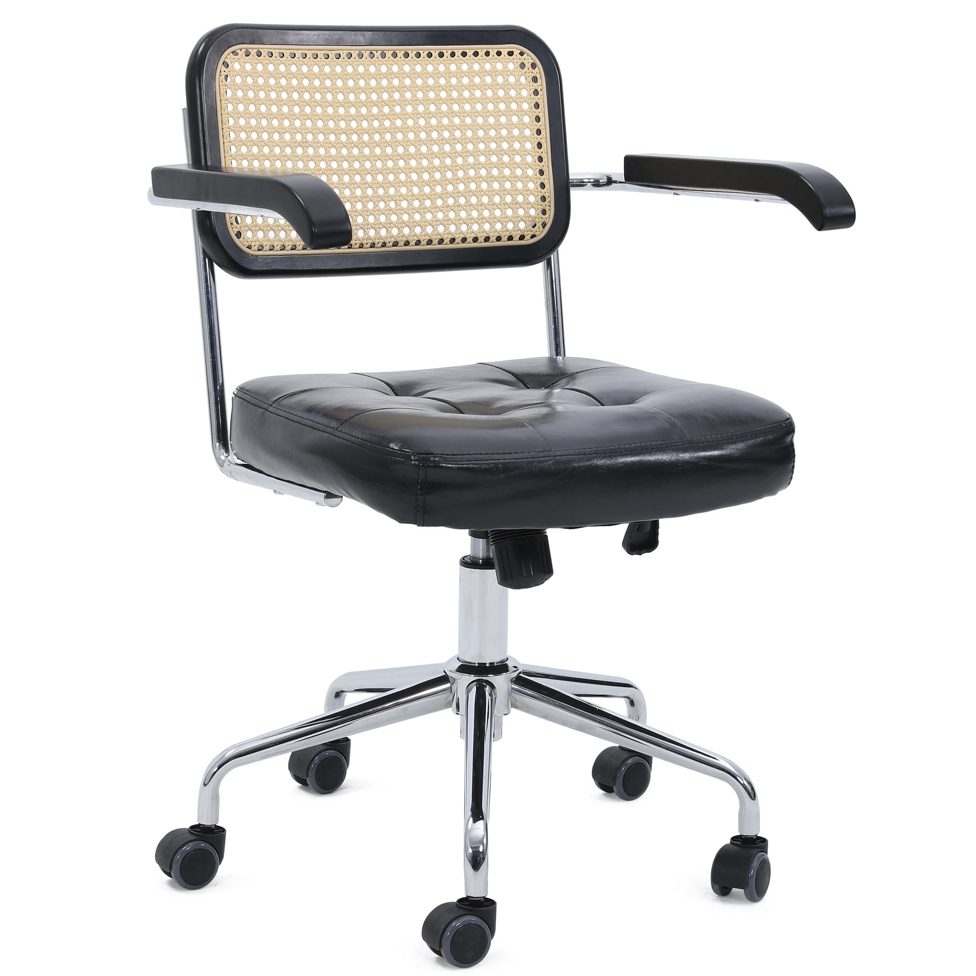 Murago Mid Century Modern Rattan Desk Chair, Vintage Rattan Office Chair, 360 Swivel, Height and Tilt Adjustment, Black Leather,