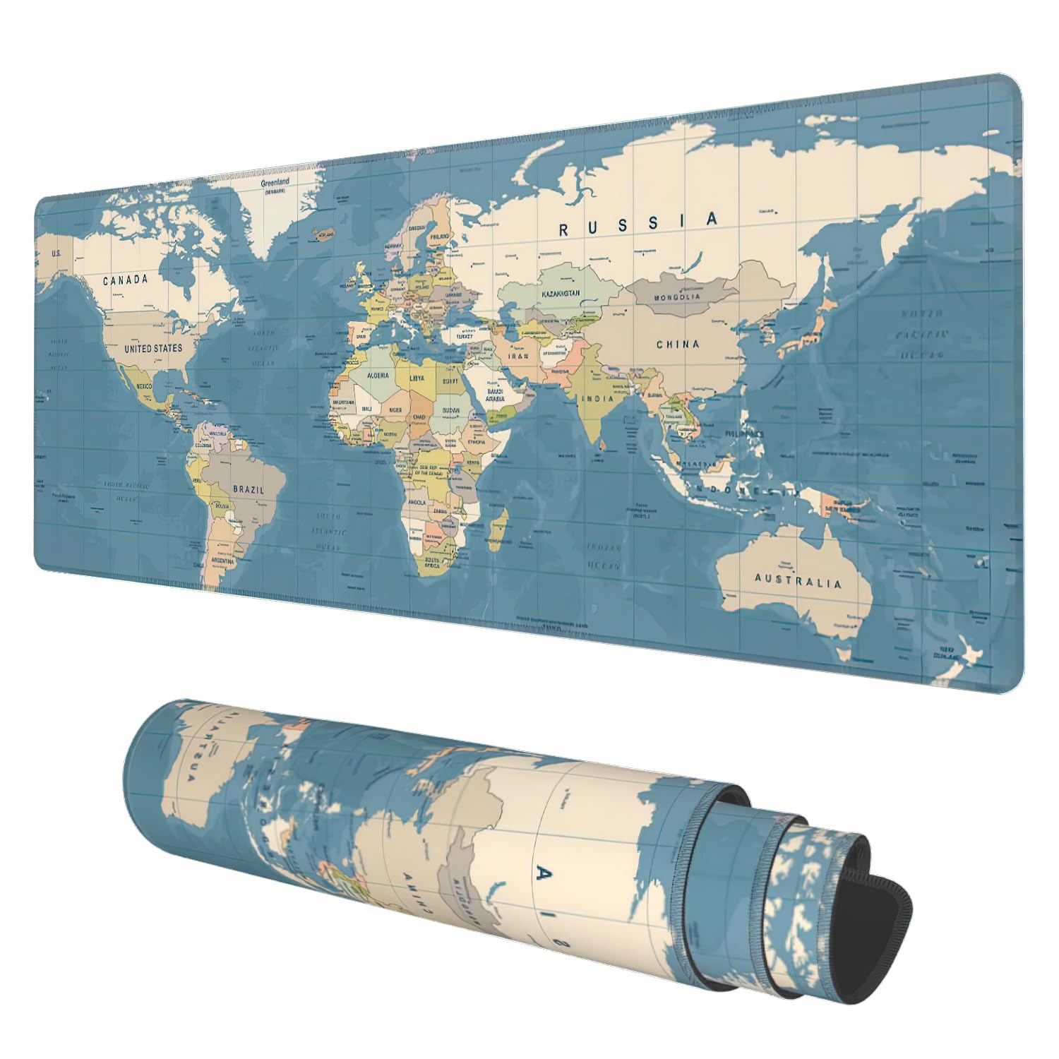 Desk Mat, Blue Vintage World Map Extended Gaming Mouse Pad Large, 31.5'X11.8' Big Mouse Pad With Non-Slip Base And Stitched Ed
