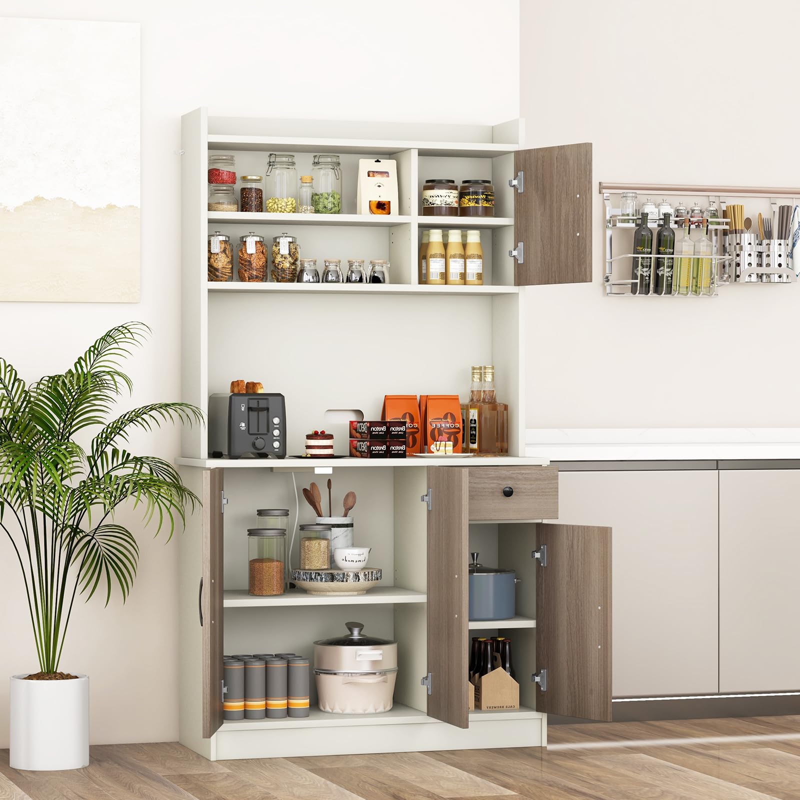 Costway Kitchen Pantry Storage Cabinet, 71' Freestanding Tall Hutch Cabinet With Charging Station, Microwave Stand, Adjustable Shelves, Modern Buffet Cabinet With Hutch For Dining Room, Kitchen, White