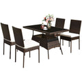 Tangkula 5 Piece Patio Wicker Dining Set, Outdoor Rattan Table and Chairs with w/Tempered Glass Table Top & Padded Cushions, Wic