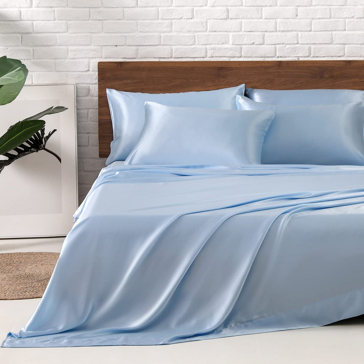 Mr&Hm Satin Bed Sheets, Queen Size Sheets Set, 6 Pcs Silky Bedding Set With 15 Inches Deep Pocket For Mattress(Queen, Light Blue