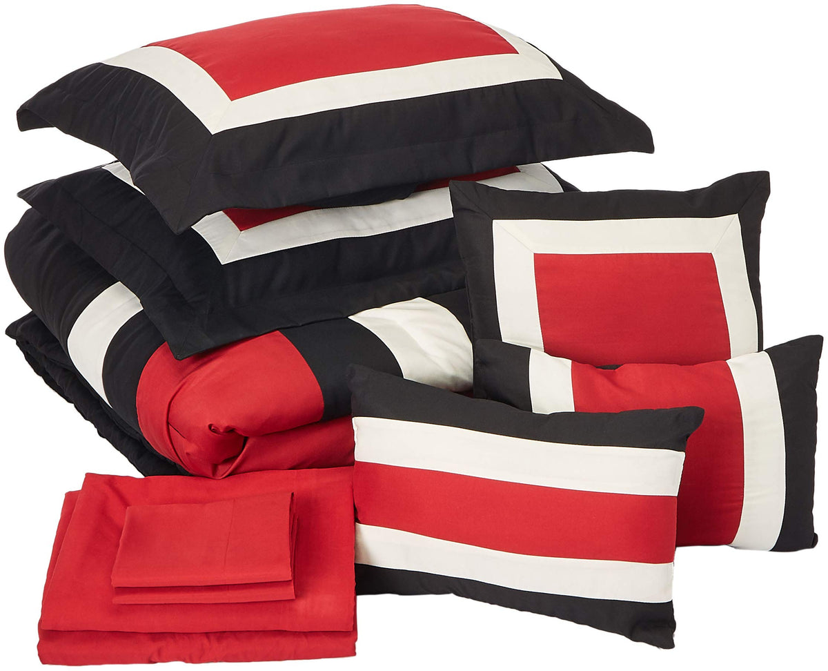 Chic Home - Cs1465-An Duke 10 Pieced Color Block Bed In A Bag Comforter Sheet Set, Queen, Red