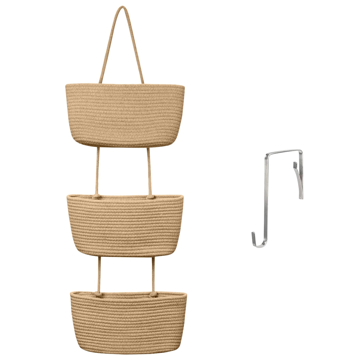 Megasket Hanging Baskets For Organizing, 3 Tier Hanging Wall Basket, Wicker Hanging Storage Basket, Over The Door Basket For Sto
