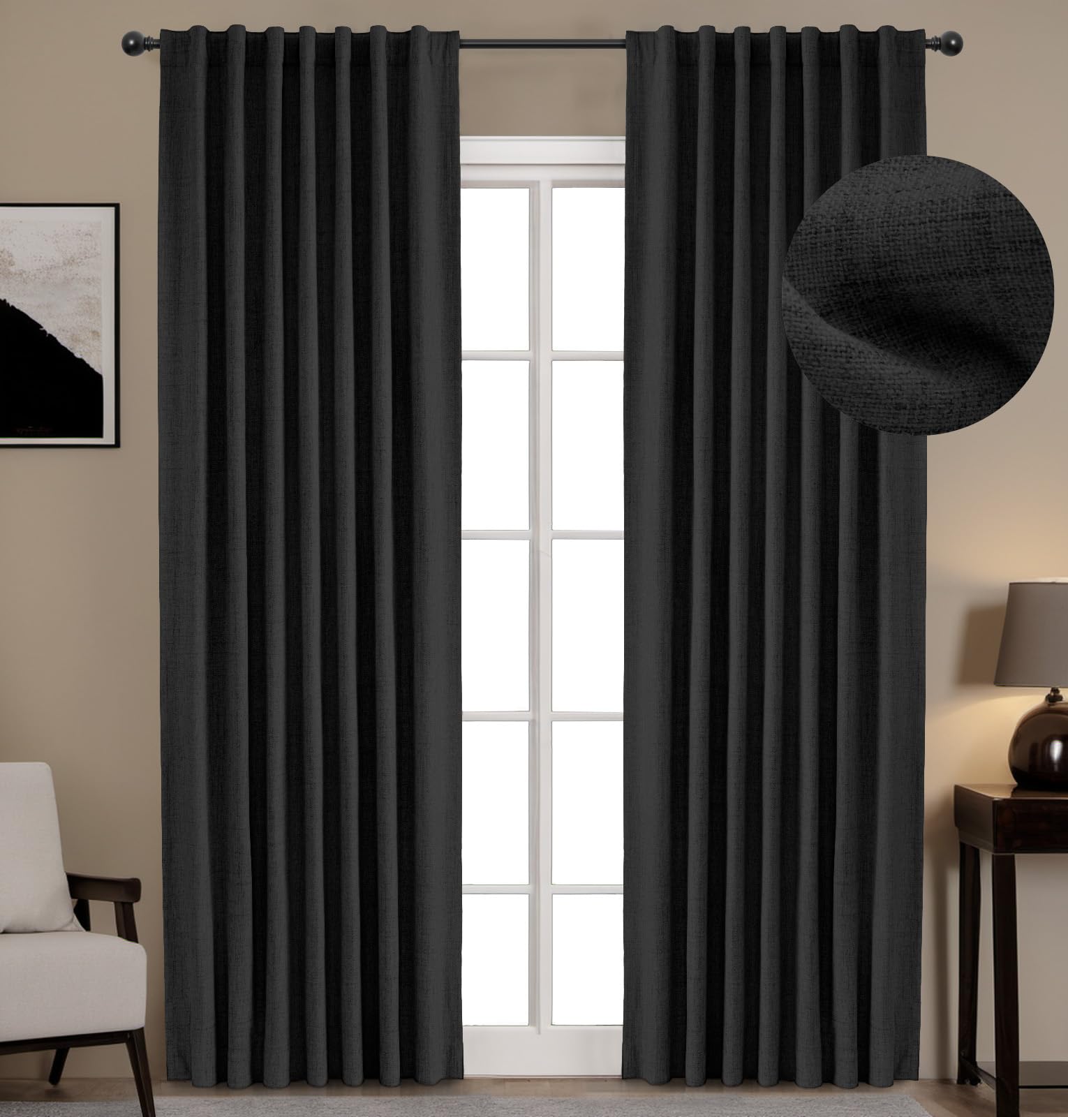 INOVADAY 100% Blackout Curtains 96 Inches Long 2 Panels Set, Thermal Insulated Linen Blackout Curtains for Bedroom, Back Tab/Rod