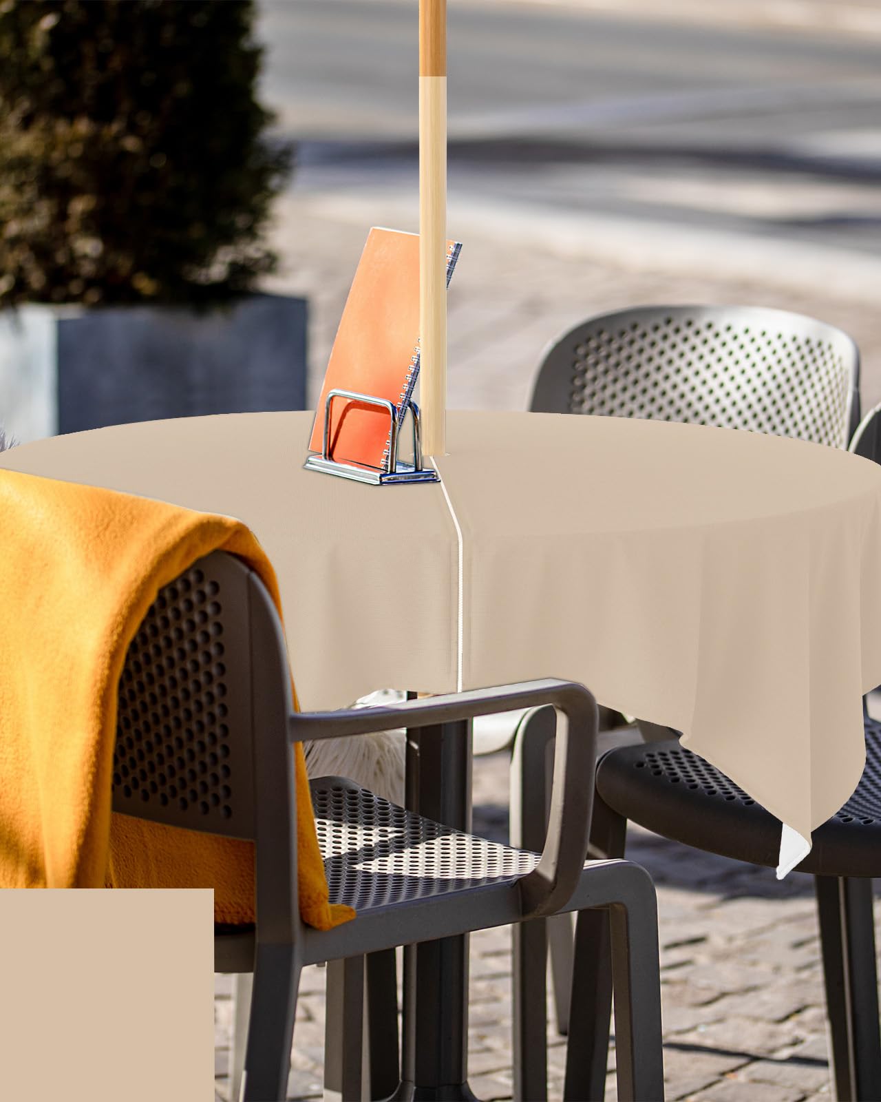 Queenker Light Khaki Outdoor Tablecloth With Umbrella Hole And Zipper, Solid Color Table Cover For Square Tables Waterproof Tabl