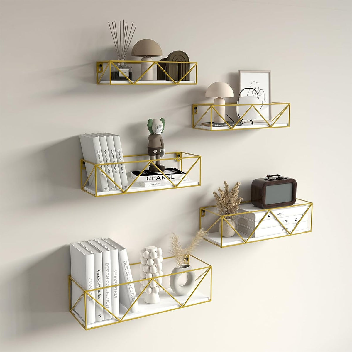 Akeefi Gold Floating Shelves Wall Mounted Set of 5, Hanging Storage Floating Shelf for Bathroom, Kitchen, Bedroom, Living Room (