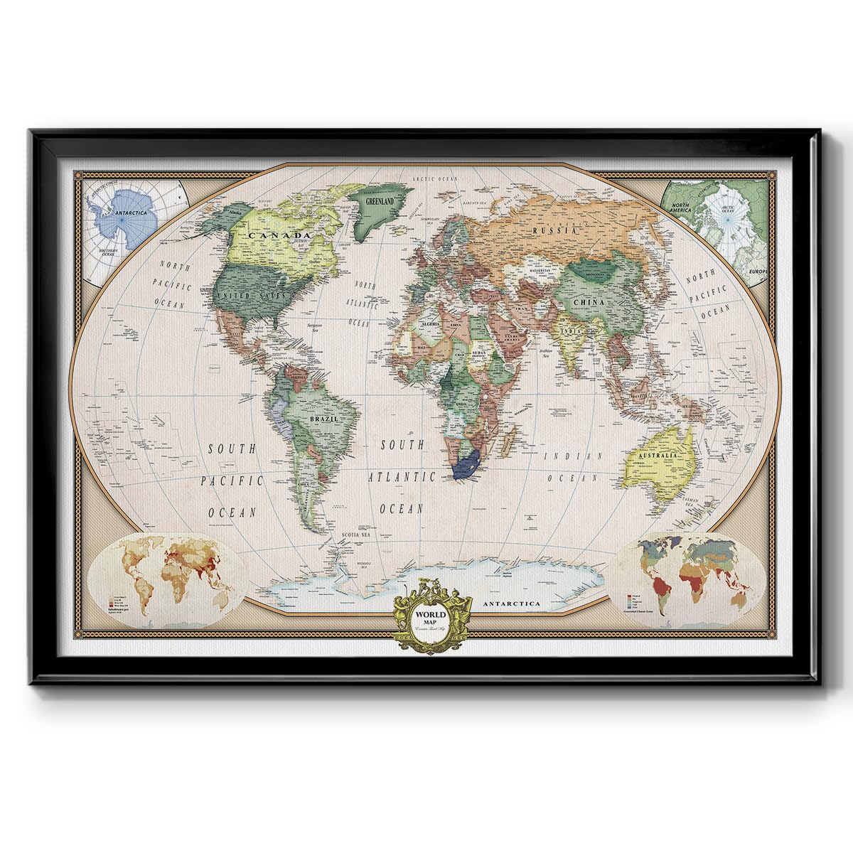 Renditions Gallery Colorful World Map Canvas Wall Art with Black Frame Wall Hanging Travel Map with Push Pins for Home, Office, 