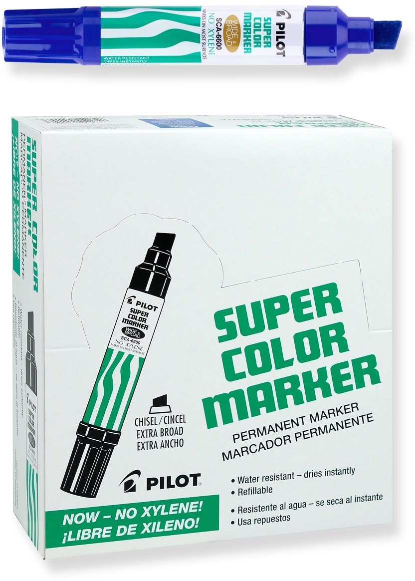 Pilot Super Color Jumbo Refillable Permanent Markers, Xylene-Free Blue Ink, Extra-Wide Chisel Point, 12-Pack (45200)