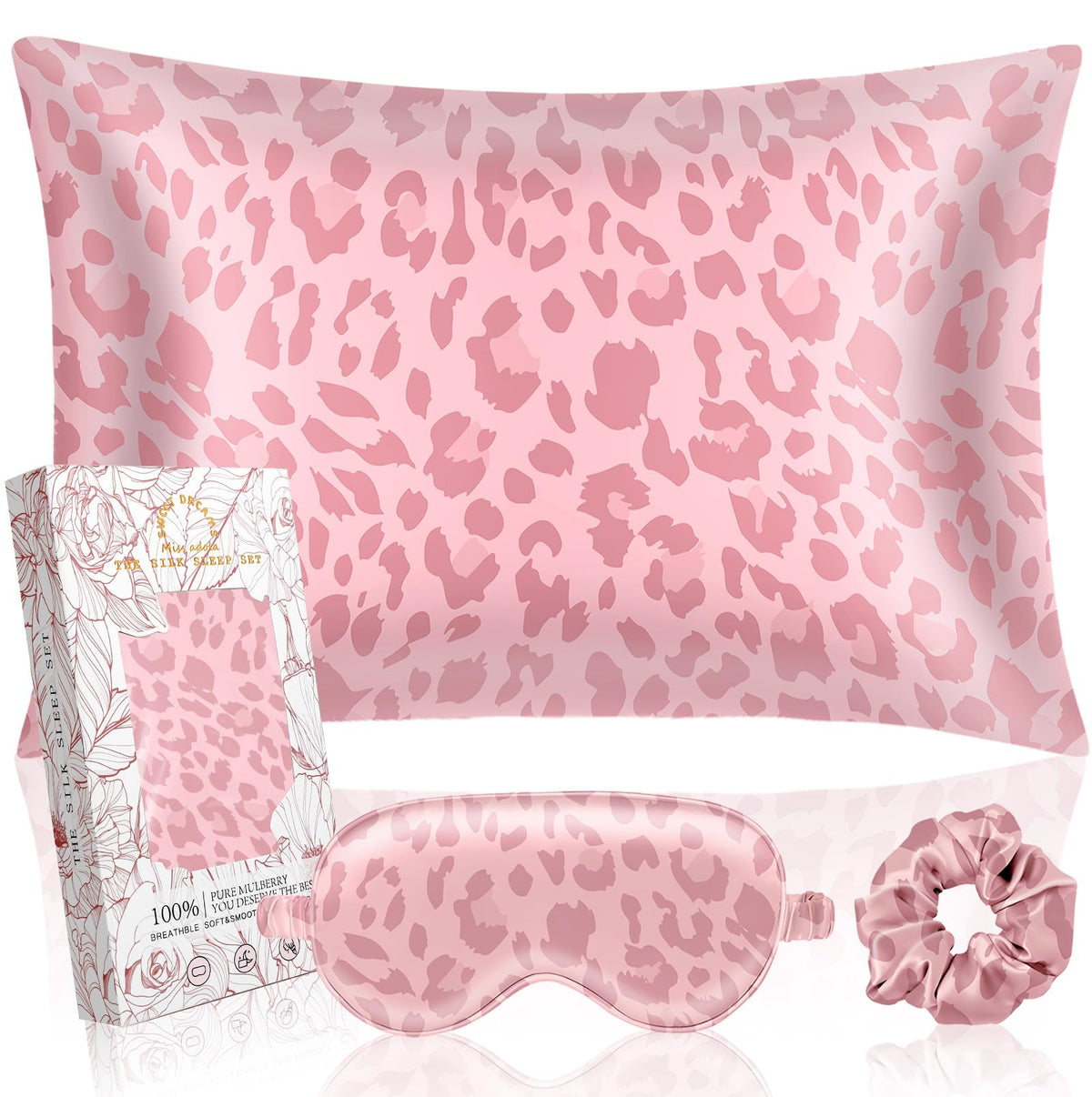 Miss Adola Mulberry Silk Pillow Case For Hair And Skin 19 Momme Standard 26'X20' Leopard Print Silk Pillowcase With Eye Mask &