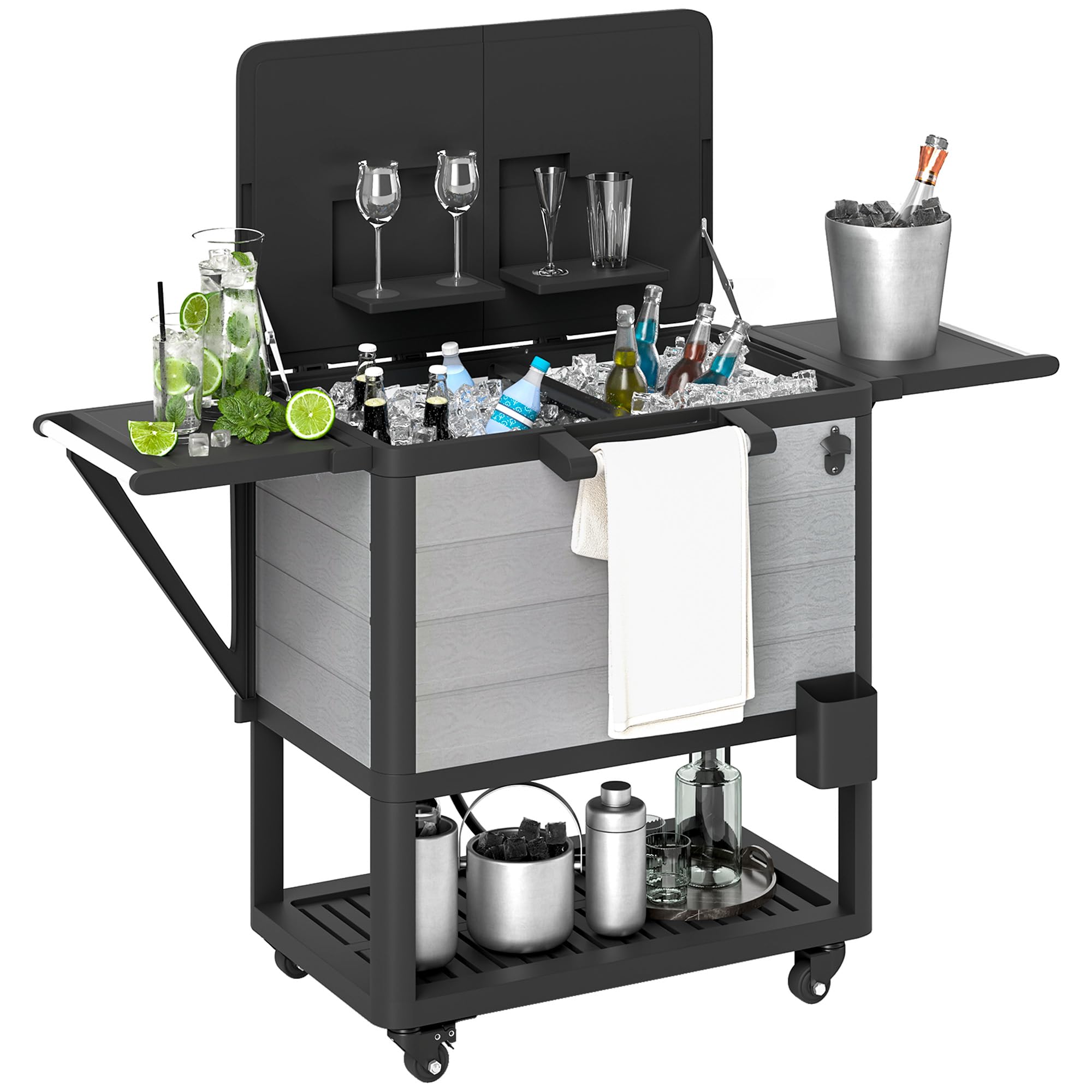Outsunny Patio Cooler With Wheels, 104 Quart Large Capacity Rolling Ice Chest With Bottle Opener And Shelves, Outdoor Beverage B