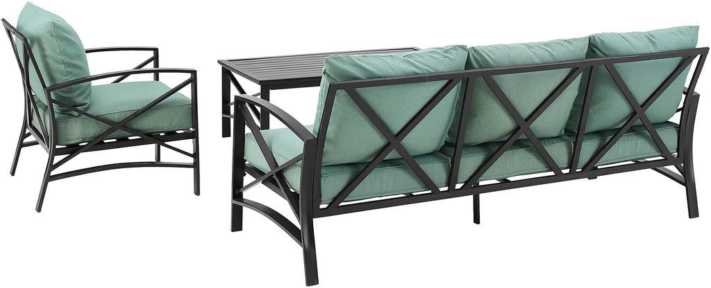 Crosley Furniture Kaplan 3-Piece Outdoor Sofa Patio Furniture Set, Conversation Sets For Porch, Deck, Oiled Bronze With Mist Cushions
