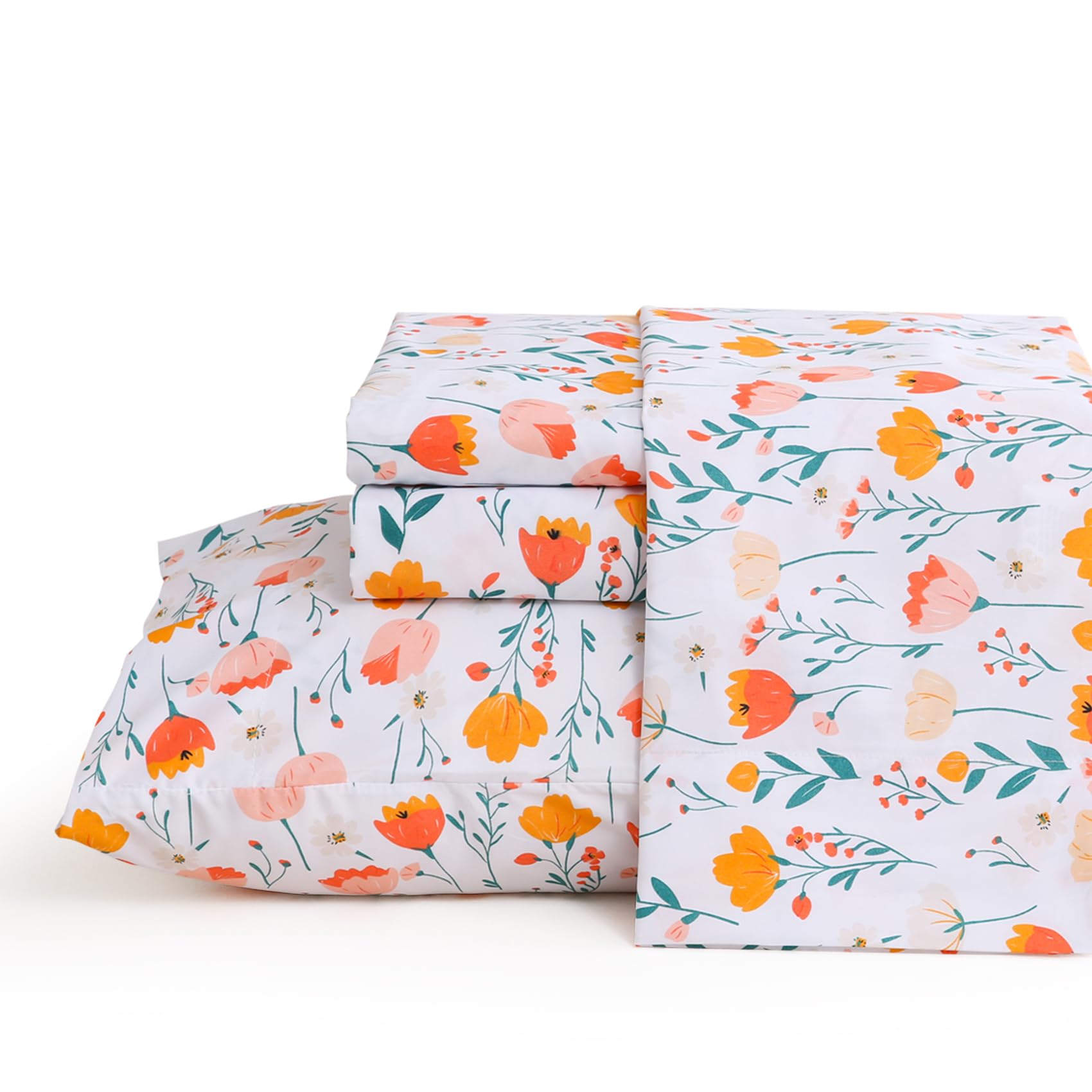 Jsd Tulip Floral Sheet Set King Size, 4 Piece Printed Microfiber Bed Sheets Deep Pocket