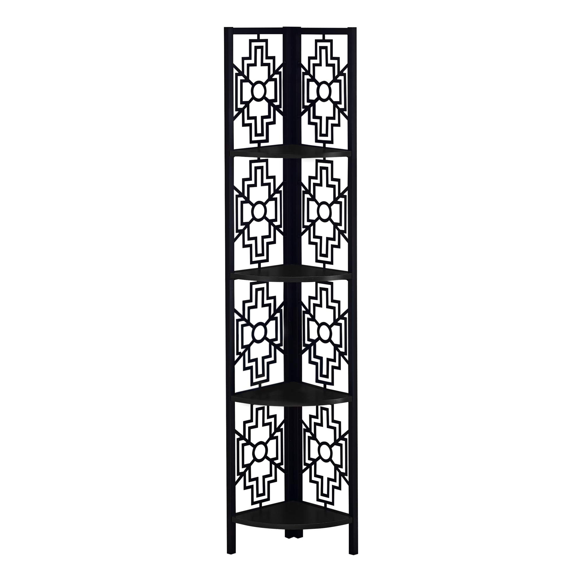 HomeRoots 62&quot; Bookcase with 4 Solid Black Shelves and Black Metal Corner Etagere