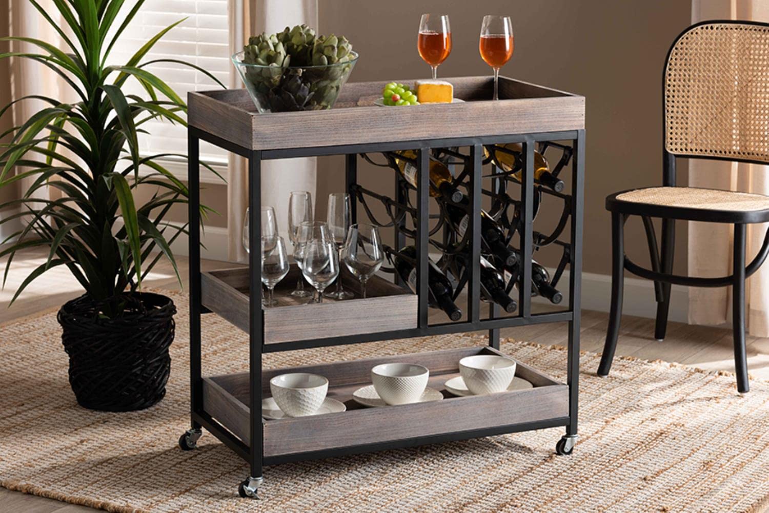 Baxton Studio Laine Modern Industrial Charcoal Finished Wood and Black Metal Wine Cart