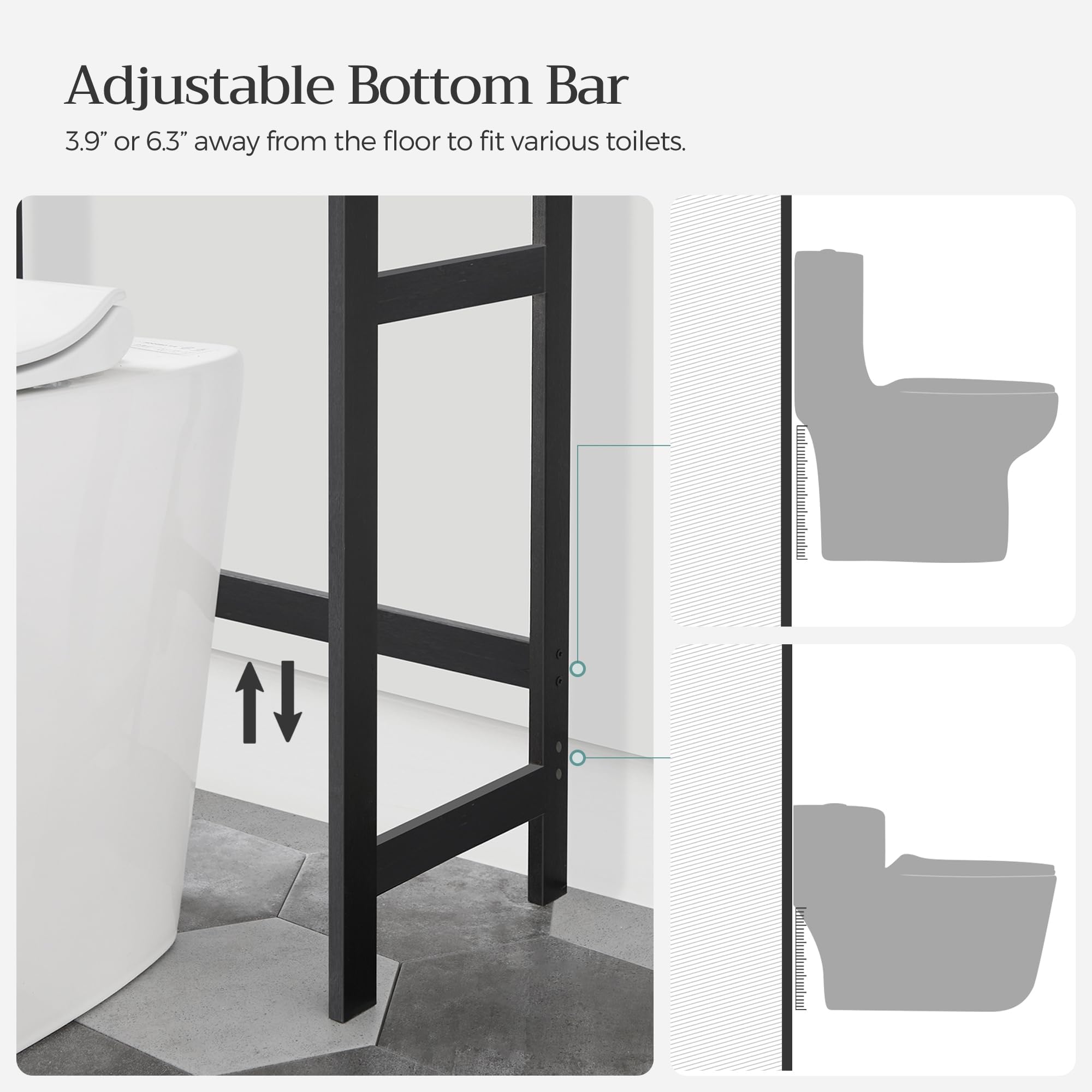 SONGMICS 3-Tier Over Toilet Storage, Adjustable Bathroom Organizer Shelf, Rustic Brown and Black, 10.2 x 24.8 x 64.2 Inches