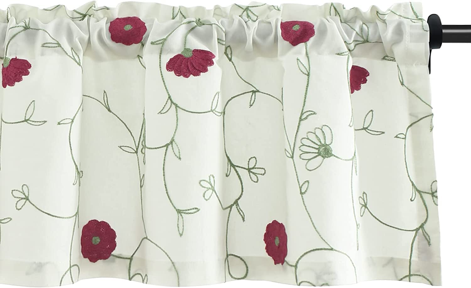 Vogol White Valances For Small Windows Flowers Embroidered Window Valances For Kitchen Living Room, Rod Pocket, 52 X 18 Inches,