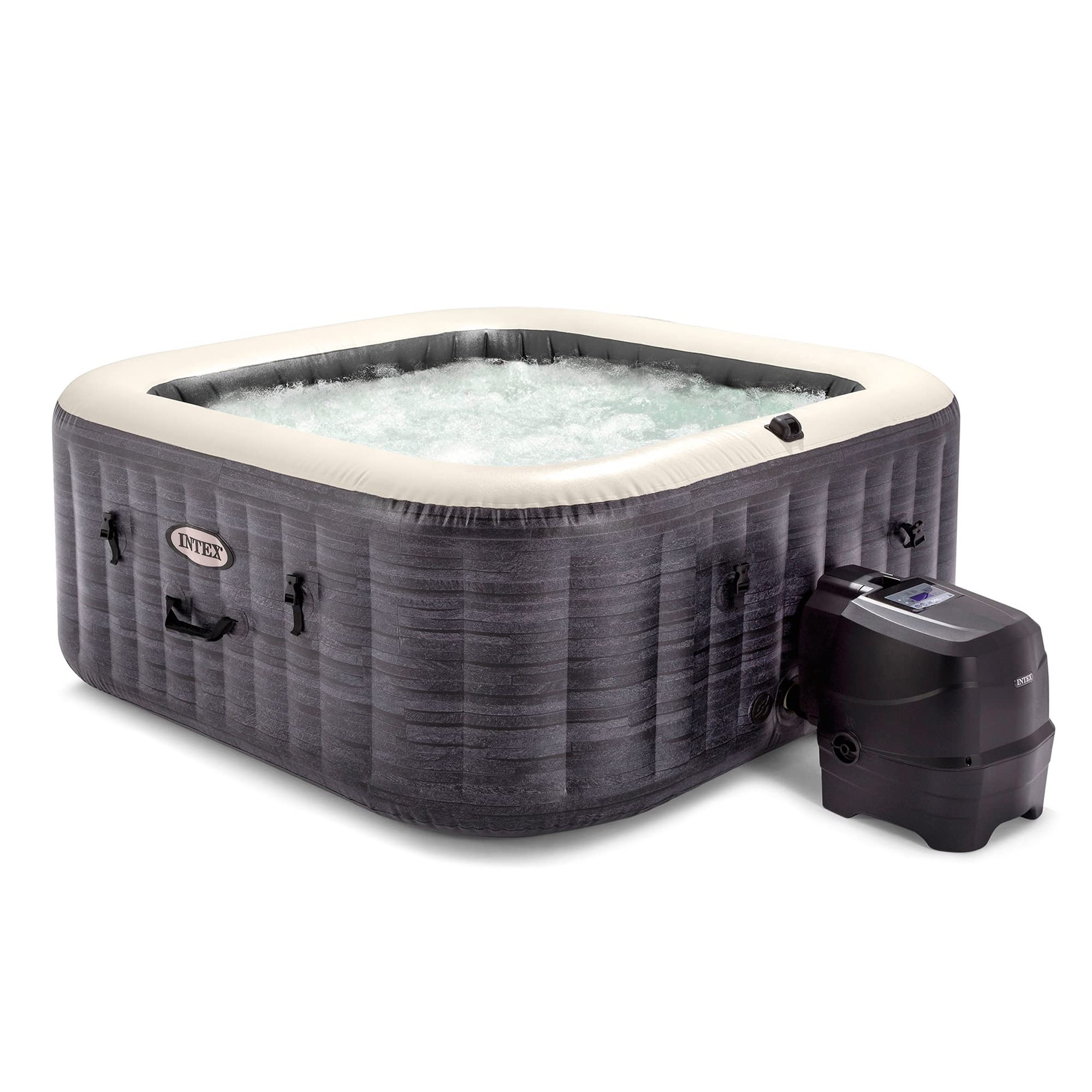 Intex Purespa Plus 4 Person Inflatable 83' Square Outdoor Hot Tub Spa With 140 Bubble Airjets, Insulated Cover & Led Color Chan