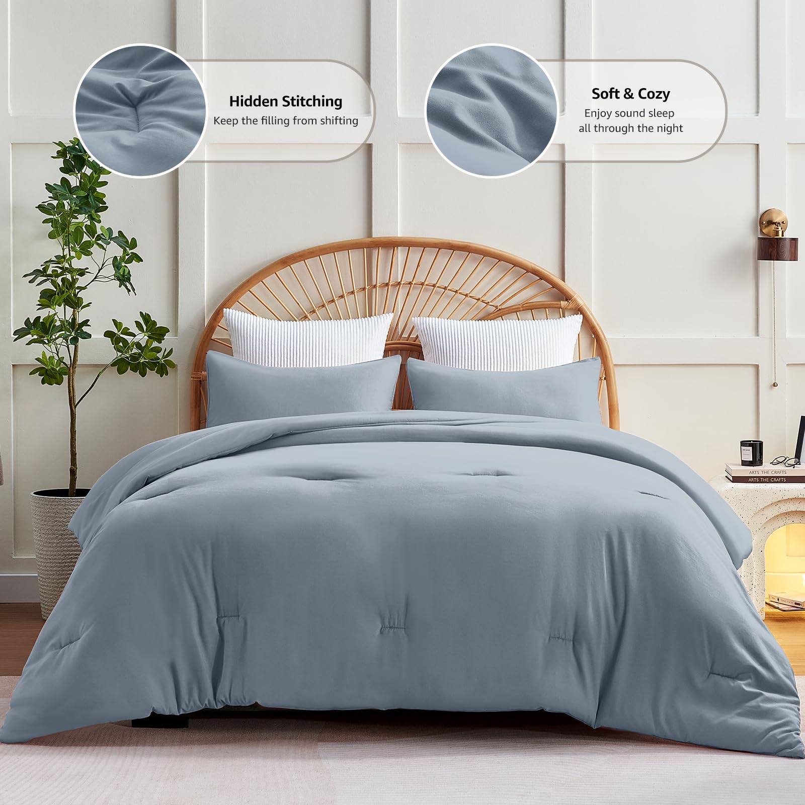 Cozylux Grayish Blue Comforter Set Full Size, 3 Pieces Solid Breathable Quilted Boho Style Bedding Sets, Luxury Fluffy Soft Microfiber Comforter For All Season(1 Comforter & 2 Pillowcases)