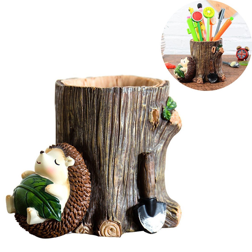 Yunpo Desk Pen Holder Cute Cartoon Little Hedgehog Resin Pen Holder Vase Pencil Pot Desktop Storage Case Office Desk Organizer