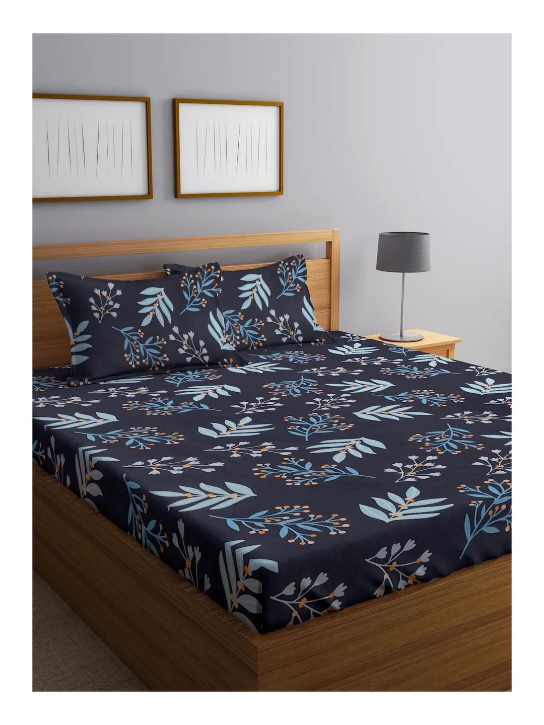 Klotthe Cotton Double Bed Sheet Elastic Fitted 300 TC with 2 Pillow Covers | Elastic Corner Bedsheet for Double Bed | Wrinkle Fr