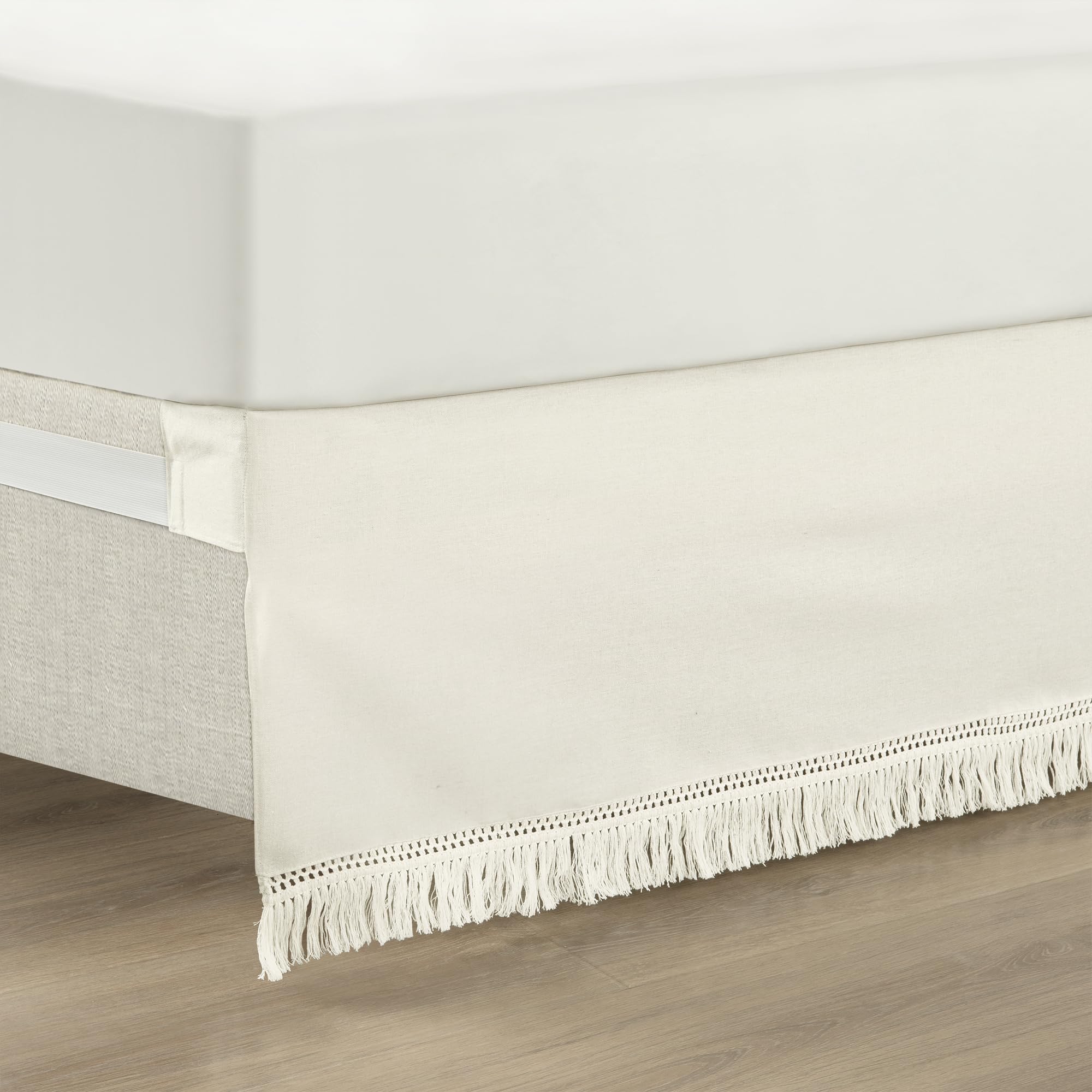 Lush Decor Boho Fringe 15-Inch Tailored Drop Easy Fit Bedskirt, Queen, Off-White