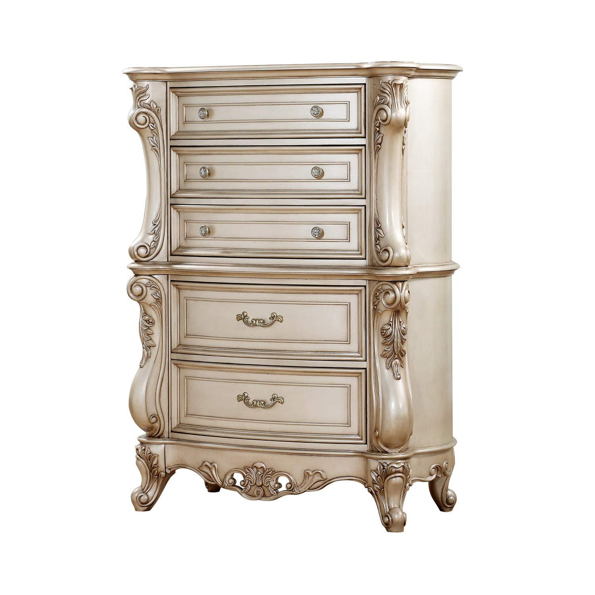 Benjara Carved Wooden Chest With 5 Storage Drawers And Marble Top, White