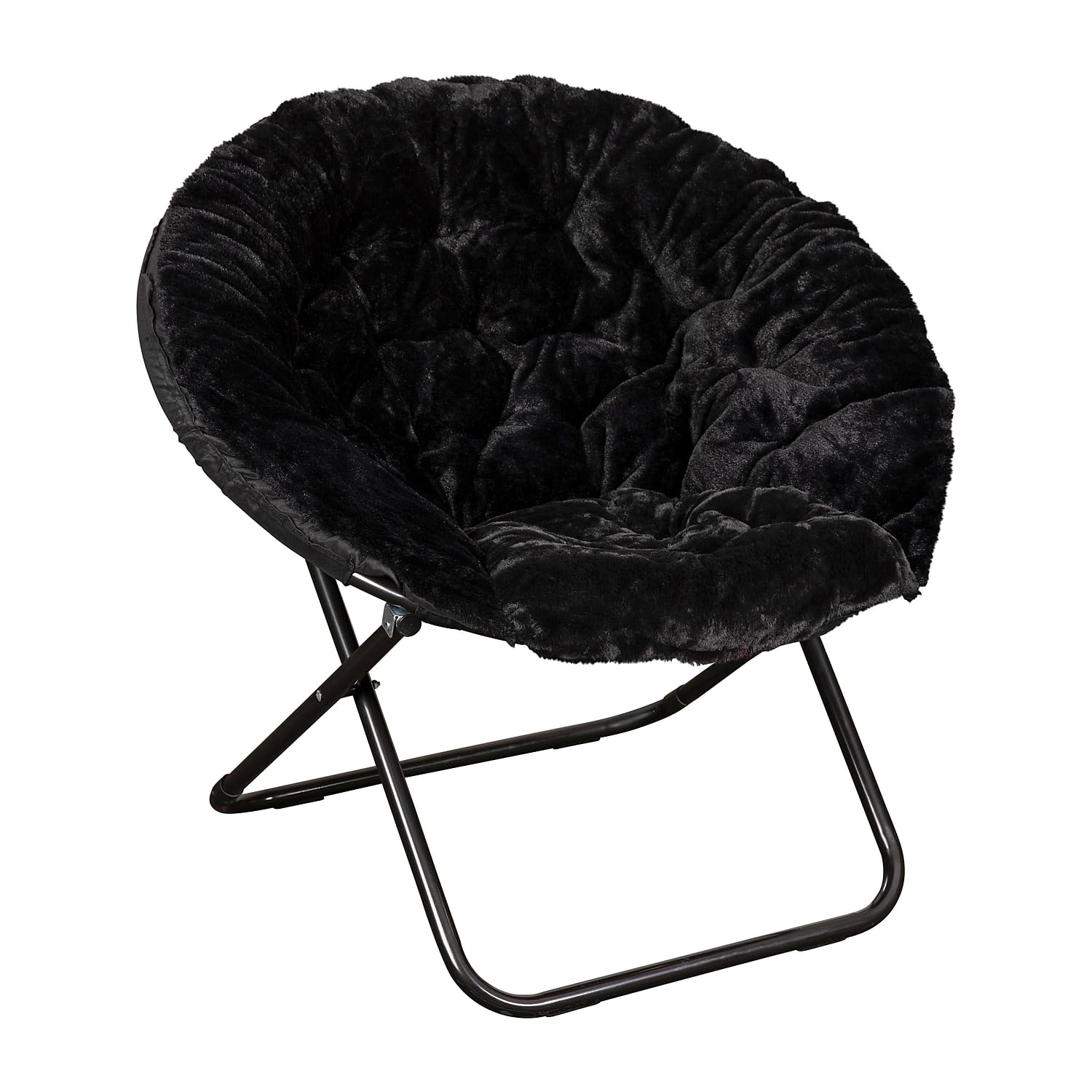 38 Portable Faux Fur Folding Saucer Moon Chair, Black Faux Fur/Black Frame